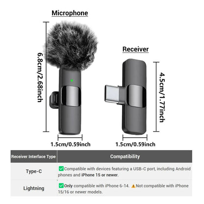 Professional wireless Audio Mic - Clip-On, Battery-Powered, Receiver Included, Recharge, Compact Plug-And-Play USB Lapel Mic for Iphone & Android.