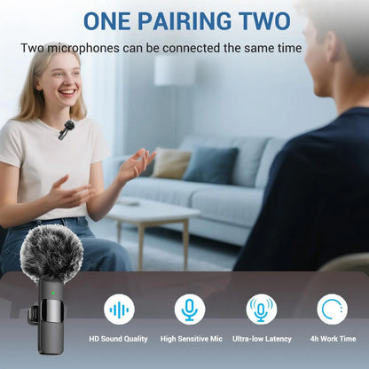 Professional wireless Audio Mic - Clip-On, Battery-Powered, Receiver Included, Recharge, Compact Plug-And-Play USB Lapel Mic for Iphone & Android.
