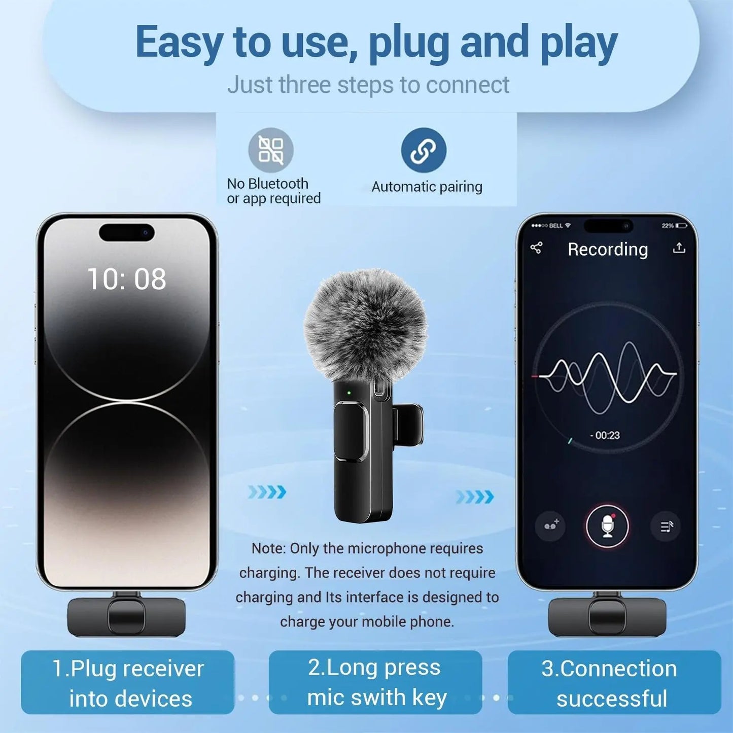 Professional wireless Audio Mic - Clip-On, Battery-Powered, Receiver Included, Recharge, Compact Plug-And-Play USB Lapel Mic for Iphone & Android.