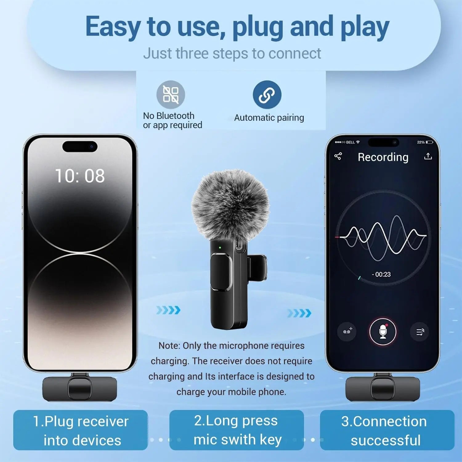 Professional wireless Audio Mic - Clip-On, Battery-Powered, Receiver Included, Recharge, Compact Plug-And-Play USB Lapel Mic for Iphone & Android.